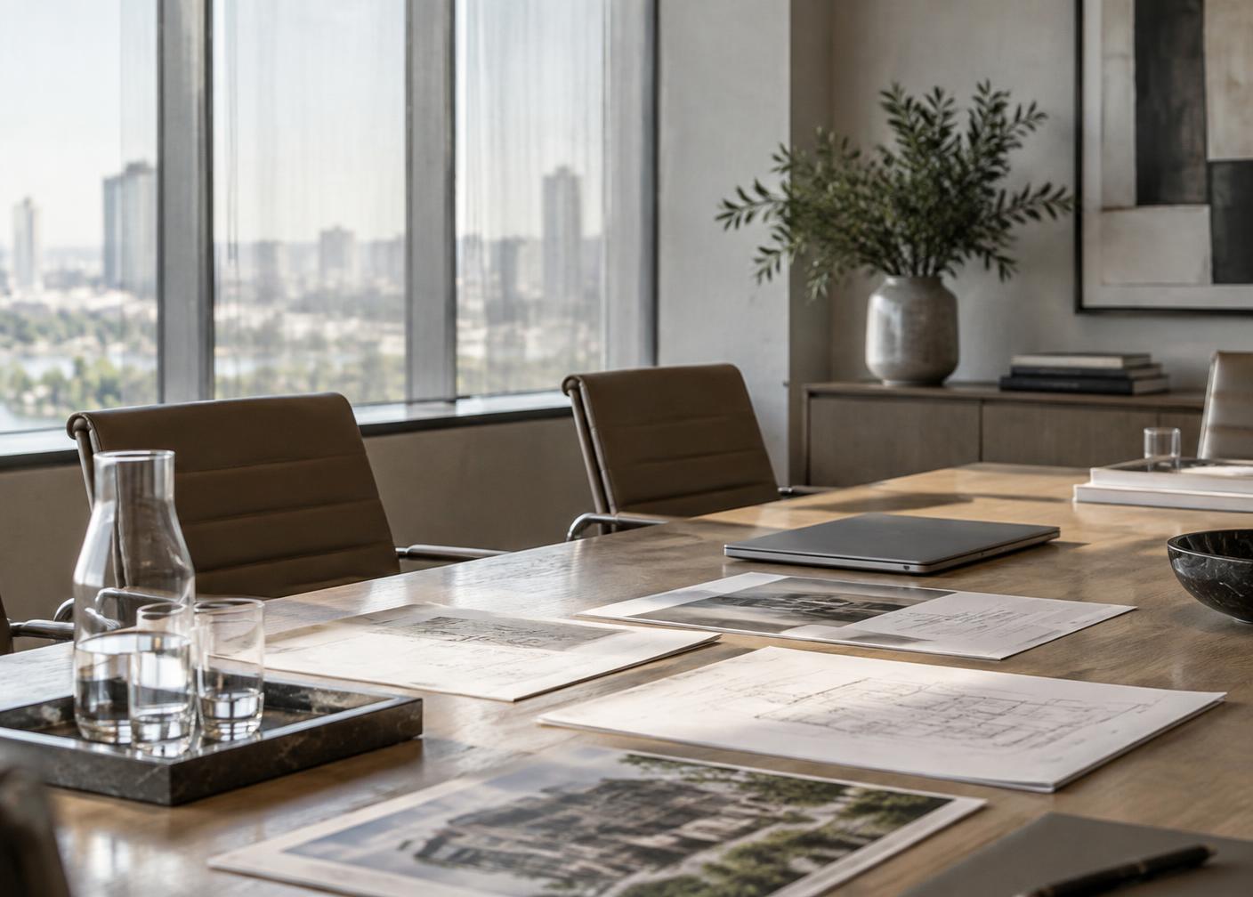 A quiet advisory meeting room with drawings and reports set out on a long table in morning light.